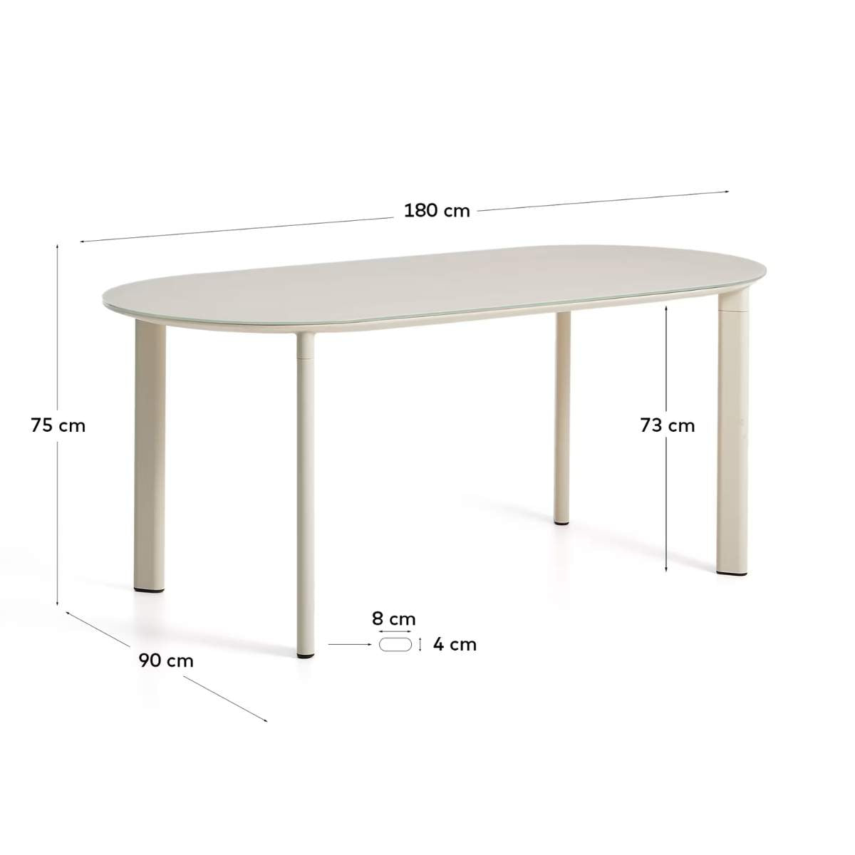 Kave Home Erice oval table in aluminium and ecru tempered glass 180 x 90 cm