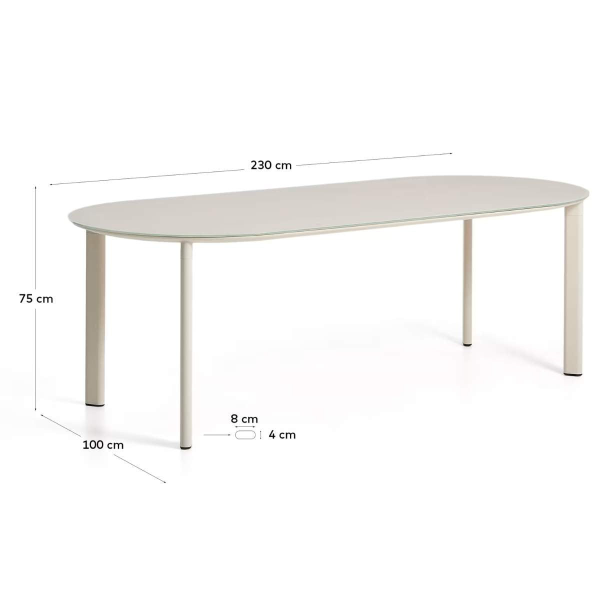 Kave Home Erice oval table in aluminium and ecru tempered glass 230 x 100 cm