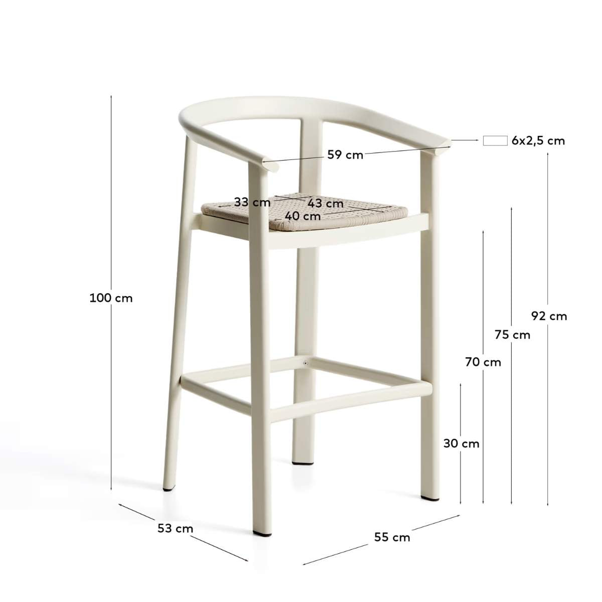 Kave Home Erice stool in aluminium and ecru rope cord 75cm