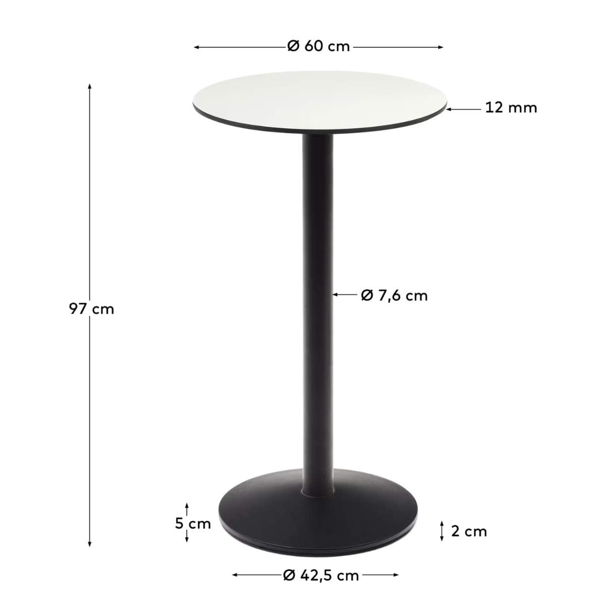 Kave Home Esilda high round outdoor table in white with metal leg in a painted black finish, Ø 60 x 96 cm