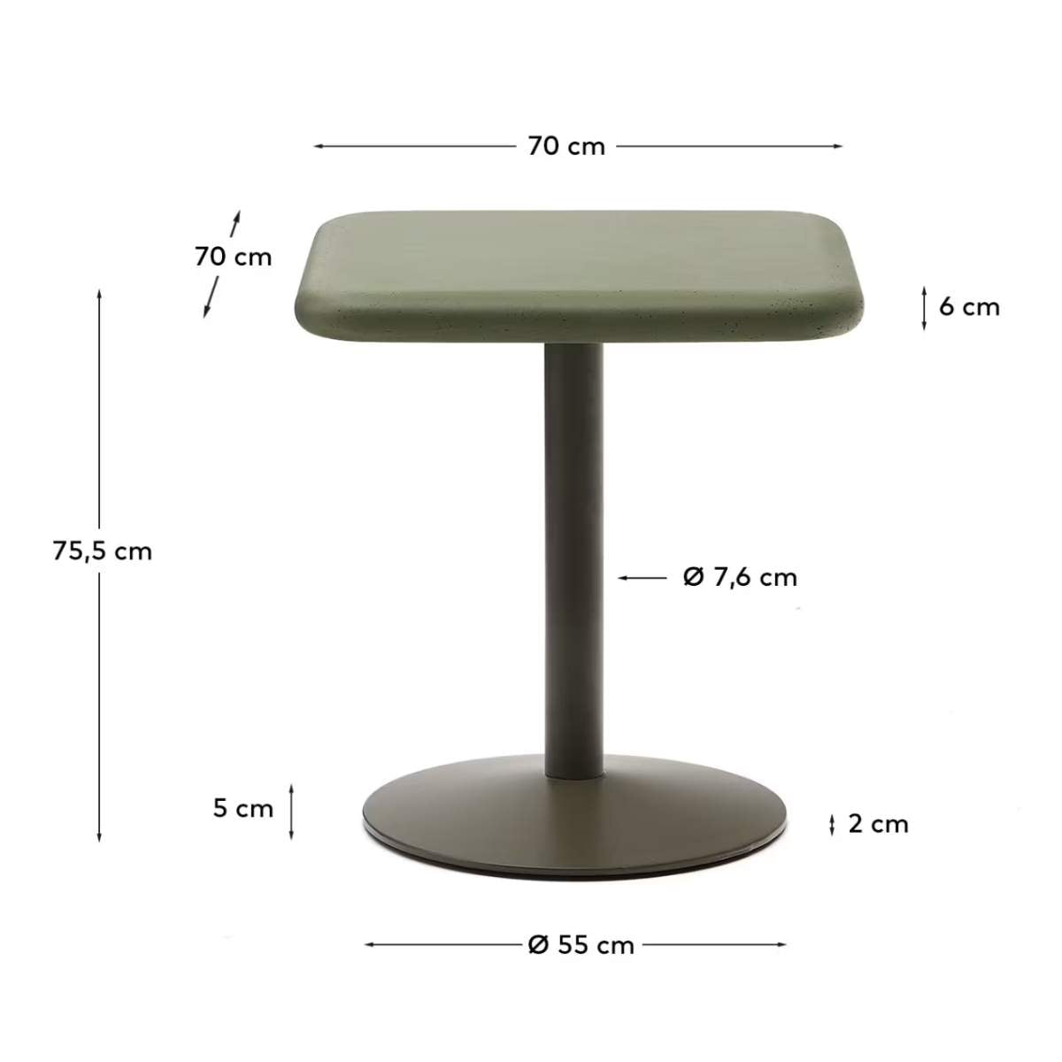 Kave Home Esilda outdoor table with green cement top 70x70cm and green steel base Ø55x72cm