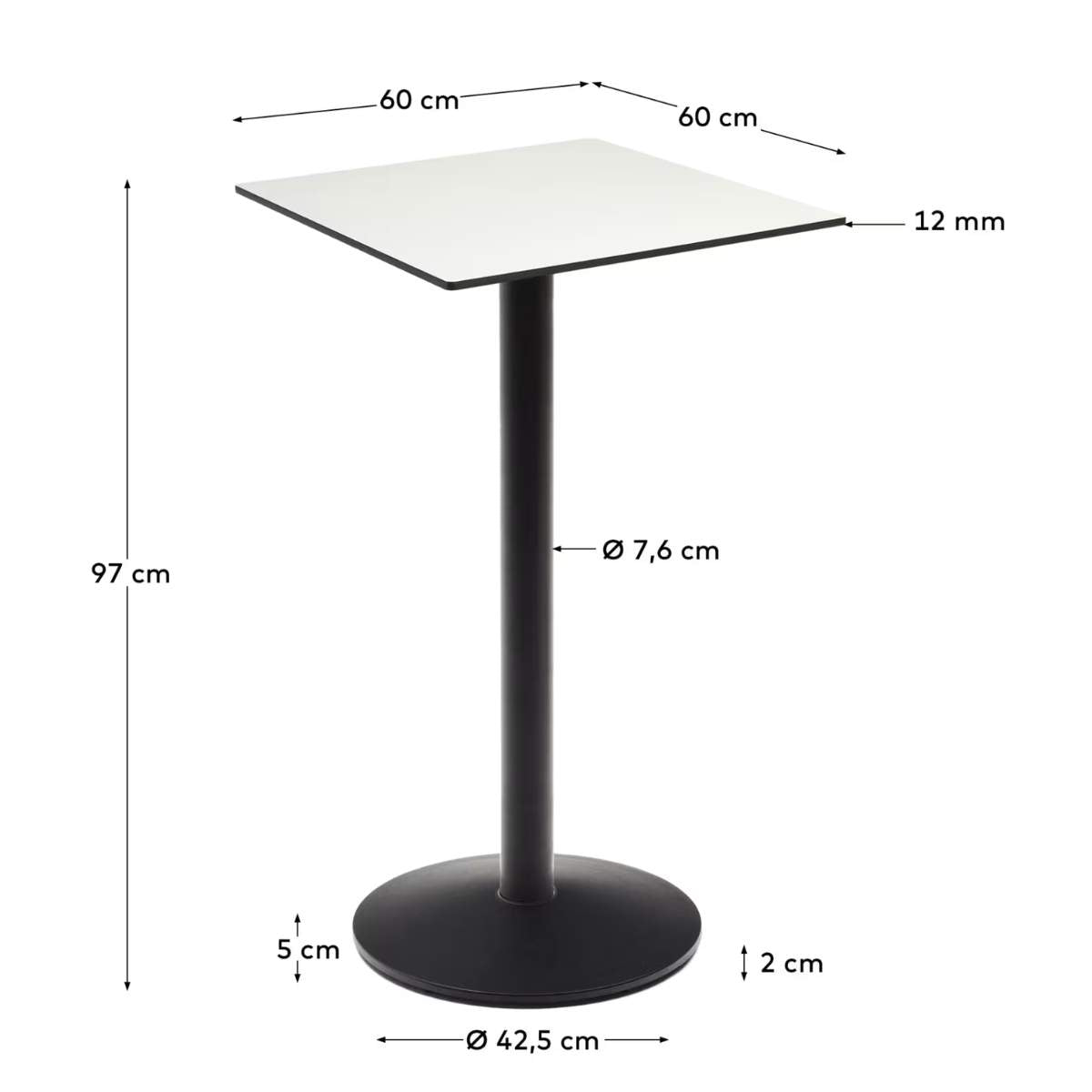 Kave Home Esilda high table in white with metal leg in a painted black finish, 60 x 60 x 96 cm