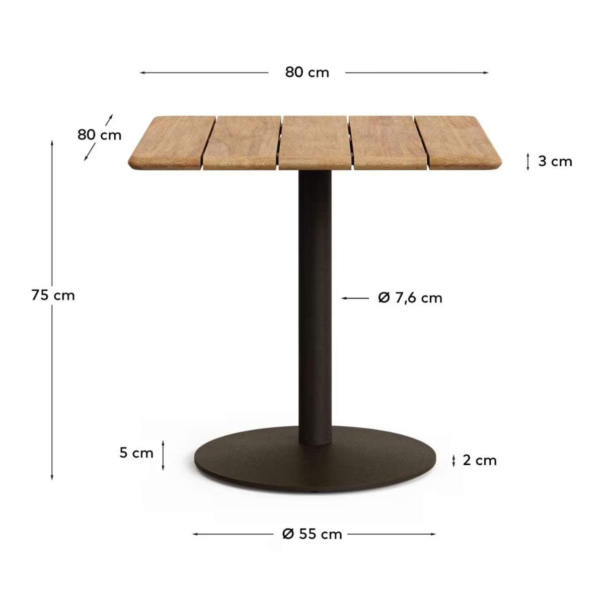 Kave Home Esilda outdoor table with FSC 100% acacia top 80x80cm and green steel base Ø55x72cm