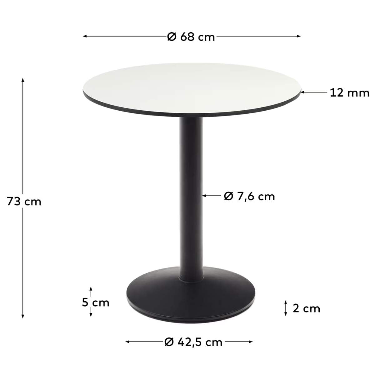 Kave Home Esilda round outdoor table in white with metal leg in a painted black finish, Ø 70 x 70 cm