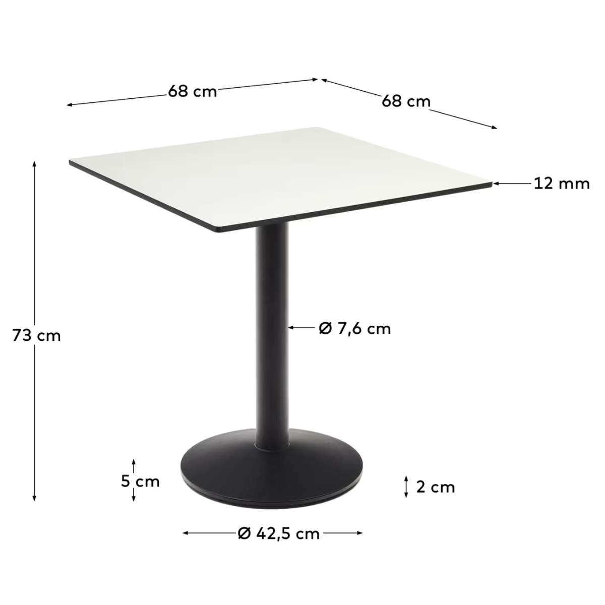 Kave Home Esilda outdoor table in white with metal leg in a painted black finish, 90 x 90 x 70 cm