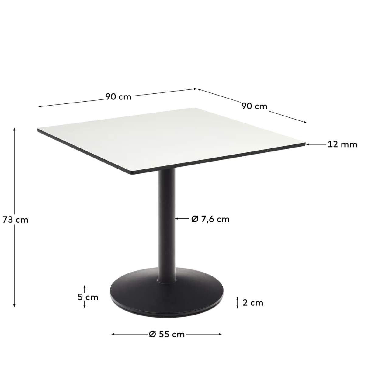 Kave Home Esilda outdoor table in white with metal leg in a painted black finish, 90 x 90 x 70 cm