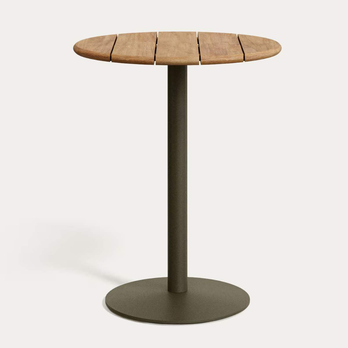 Kave Home Esilda outdoor tall round table with FSC 100% acacia top Ø80cm and green steel base Ø55x96cm