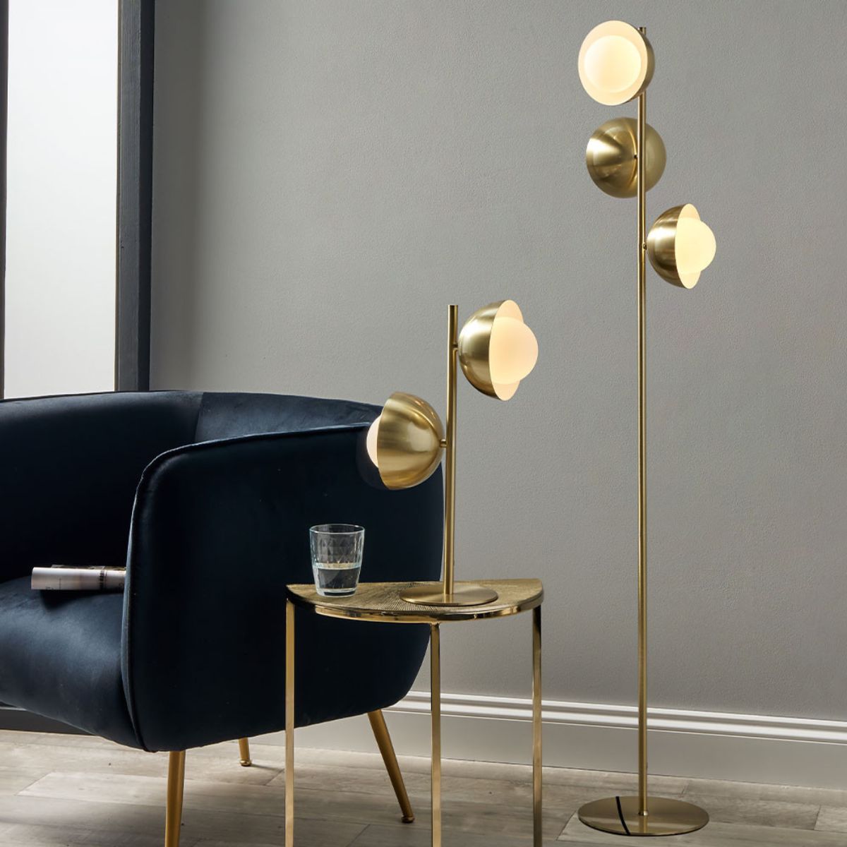 Pacific Lifestyle Estelle Brushed Brass Metal and White Orb Dome Floor Lamp