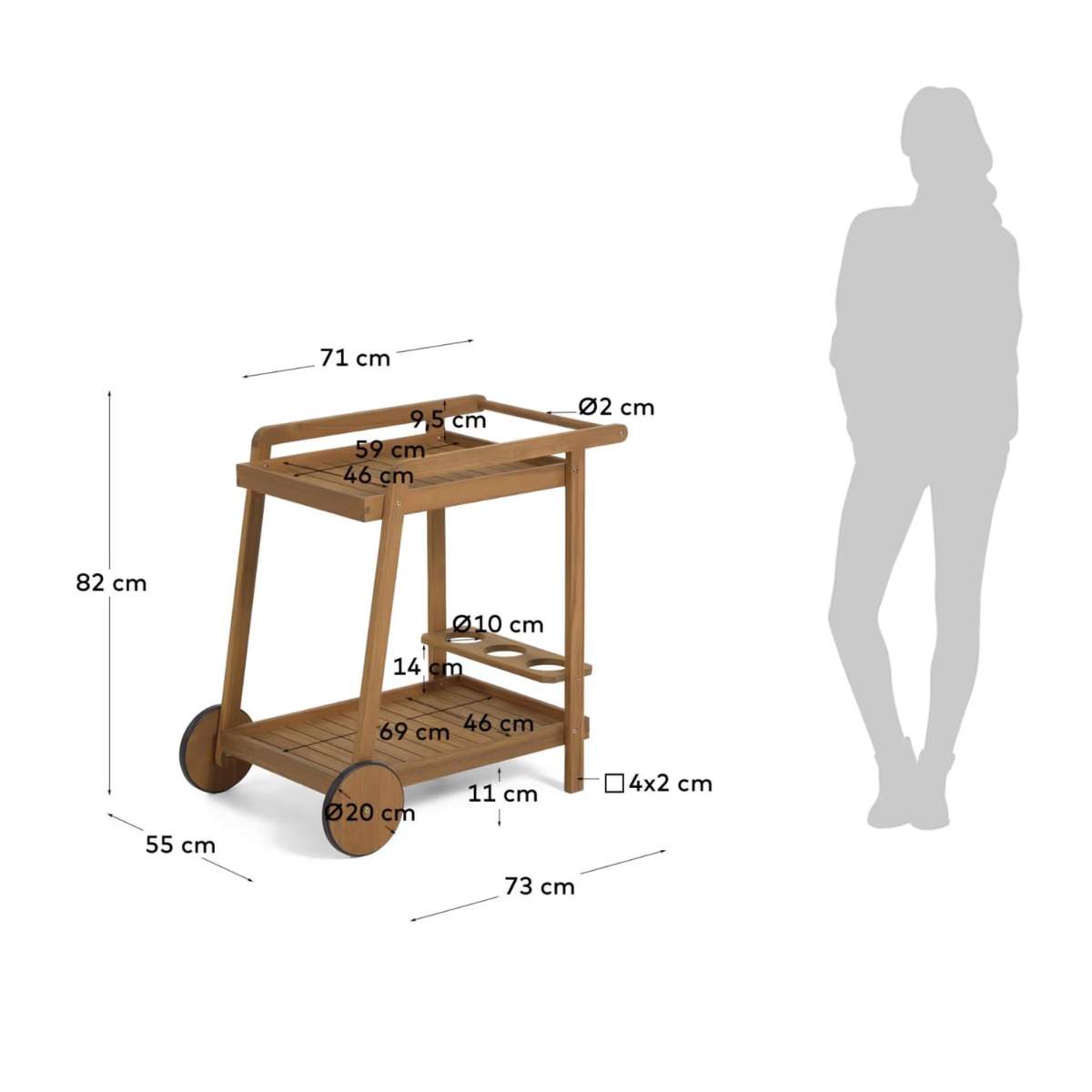 Kave Home Felisa solid acacia hostess trolley FSC 100%