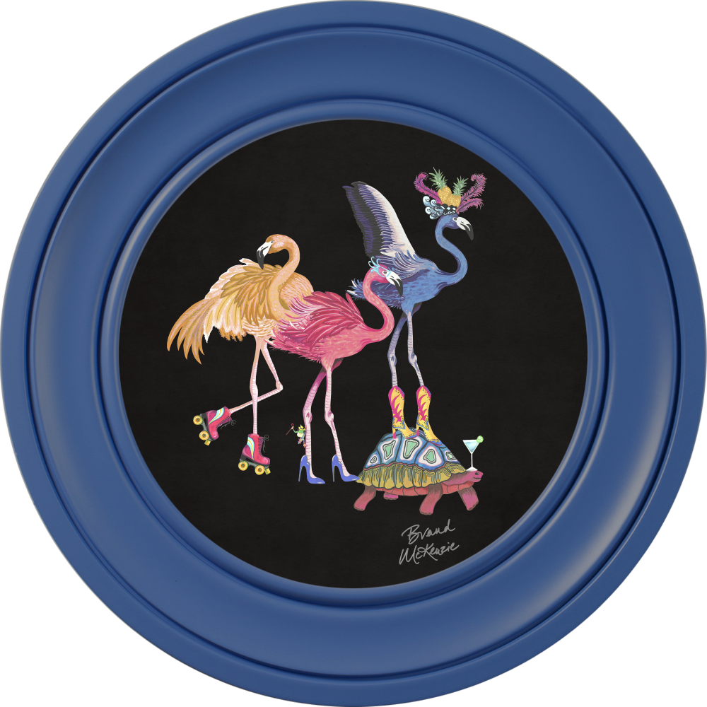 Brand McKenzie Balancing Act Flamboyance Framed Round Art Print with Charcoal Black Background