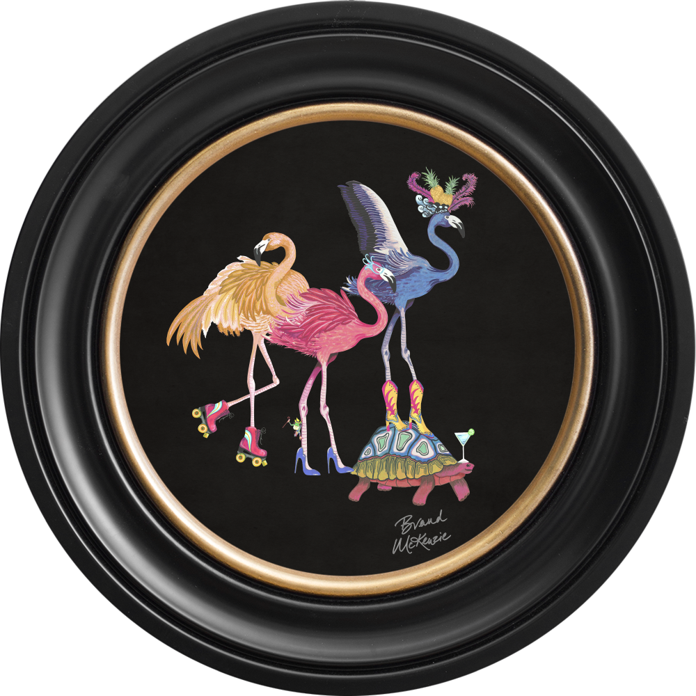 Brand McKenzie Balancing Act Flamboyance Framed Round Art Print with Charcoal Black Background
