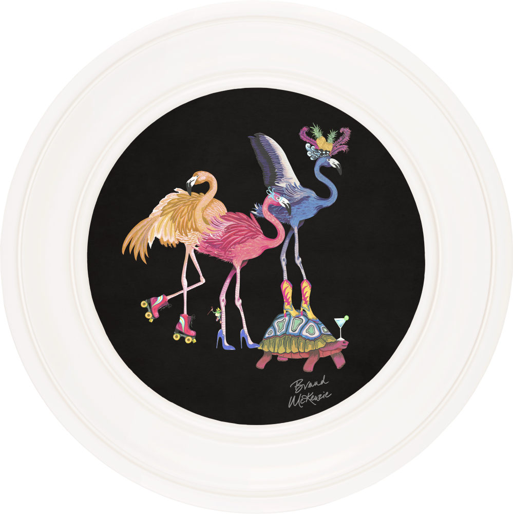 Brand McKenzie Balancing Act Flamboyance Framed Round Art Print with Charcoal Black Background