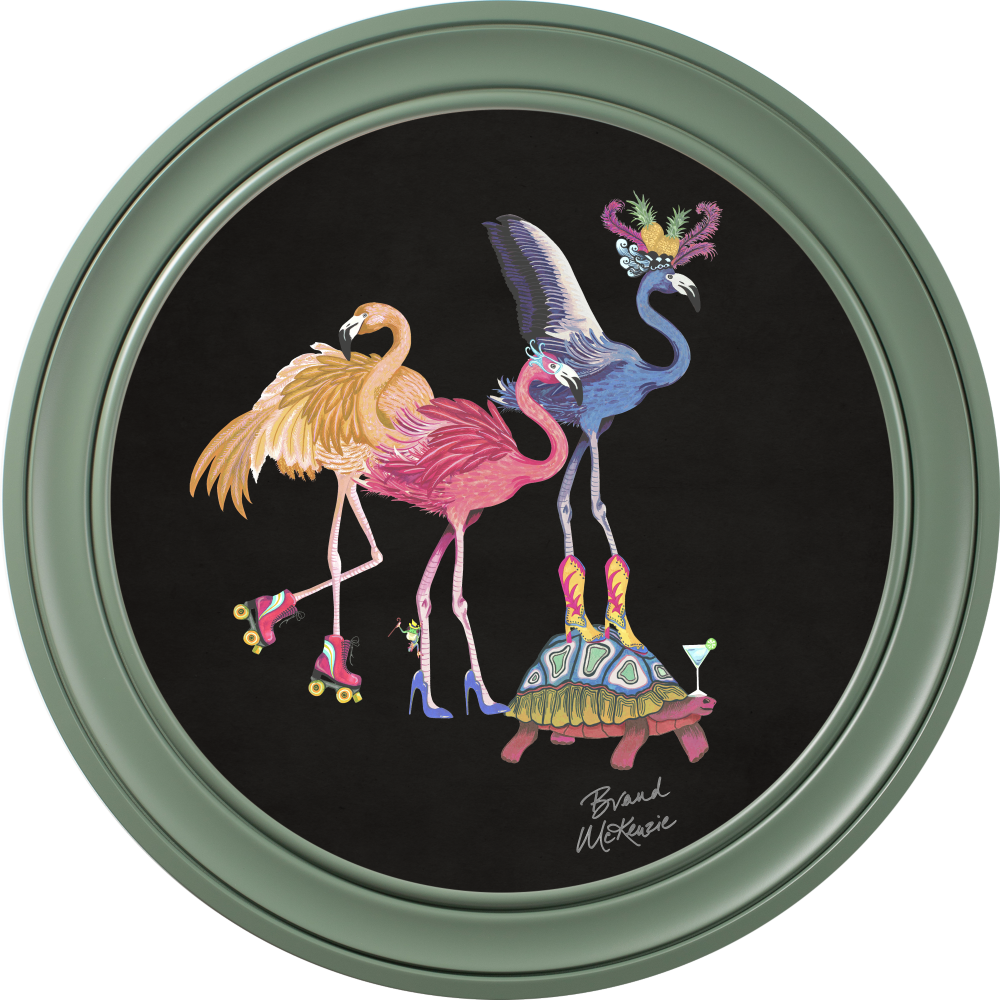 Brand McKenzie Balancing Act Flamboyance Framed Round Art Print with Charcoal Black Background
