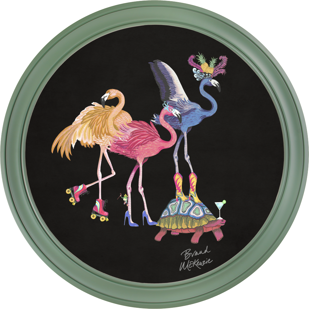 Brand McKenzie Balancing Act Flamboyance Framed Round Art Print with Charcoal Black Background