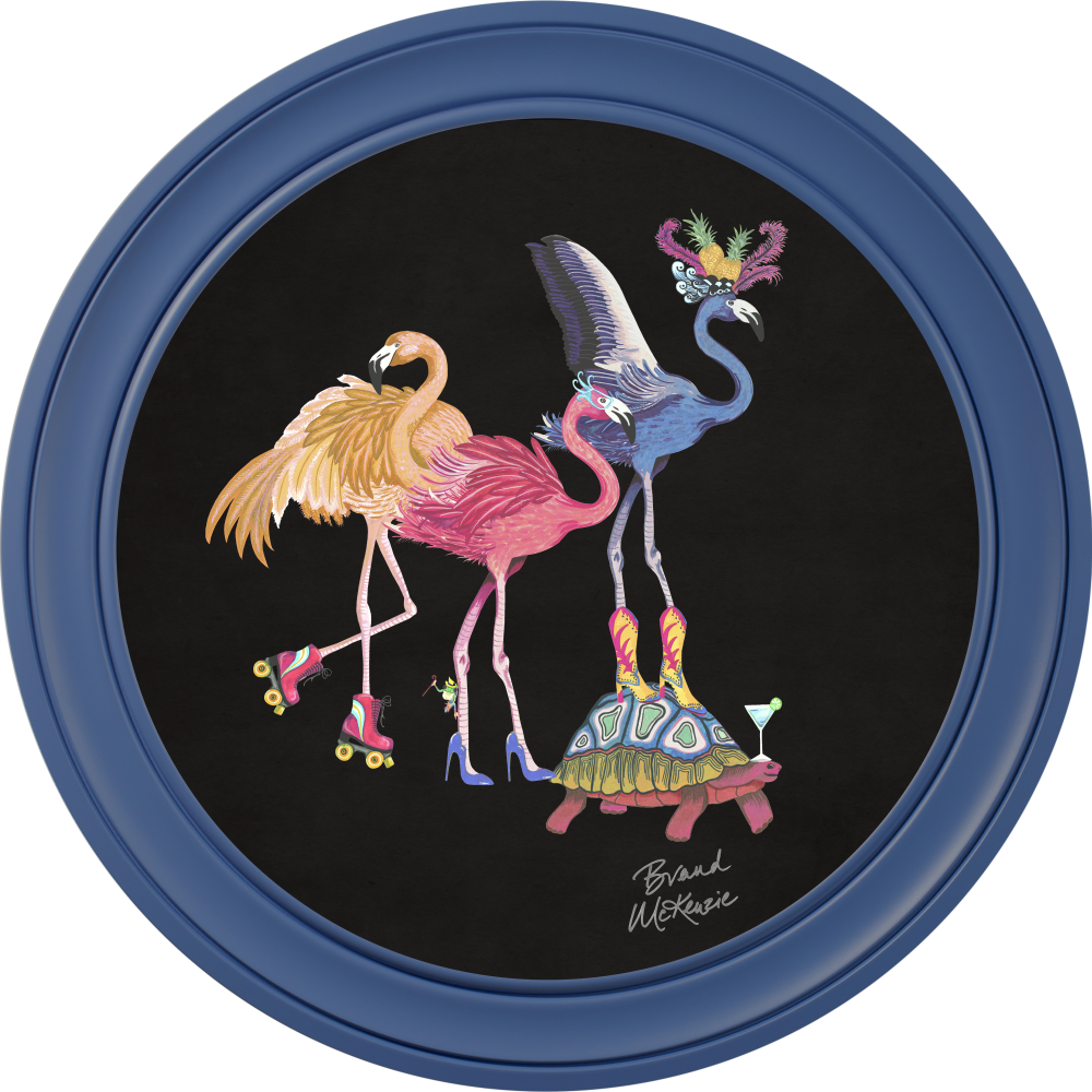 Brand McKenzie Balancing Act Flamboyance Framed Round Art Print with Charcoal Black Background