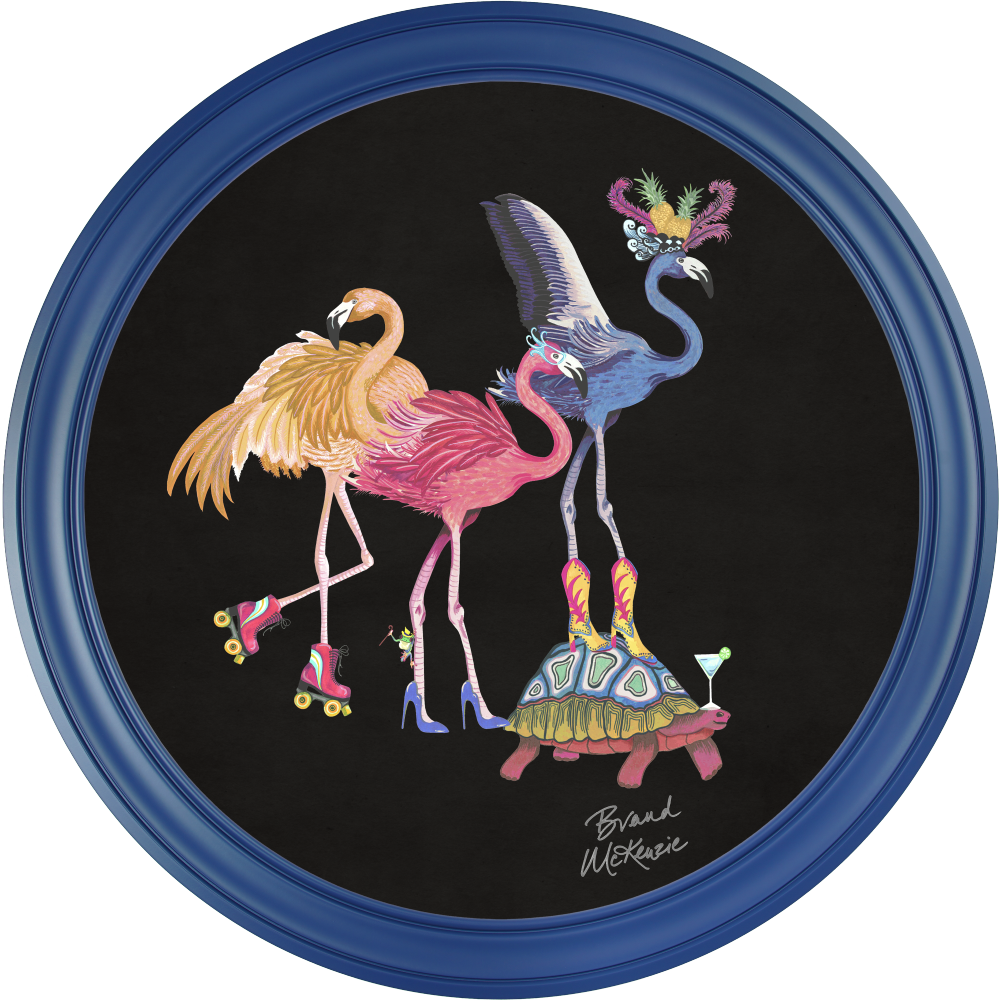Brand McKenzie Balancing Act Flamboyance Framed Round Art Print with Charcoal Black Background