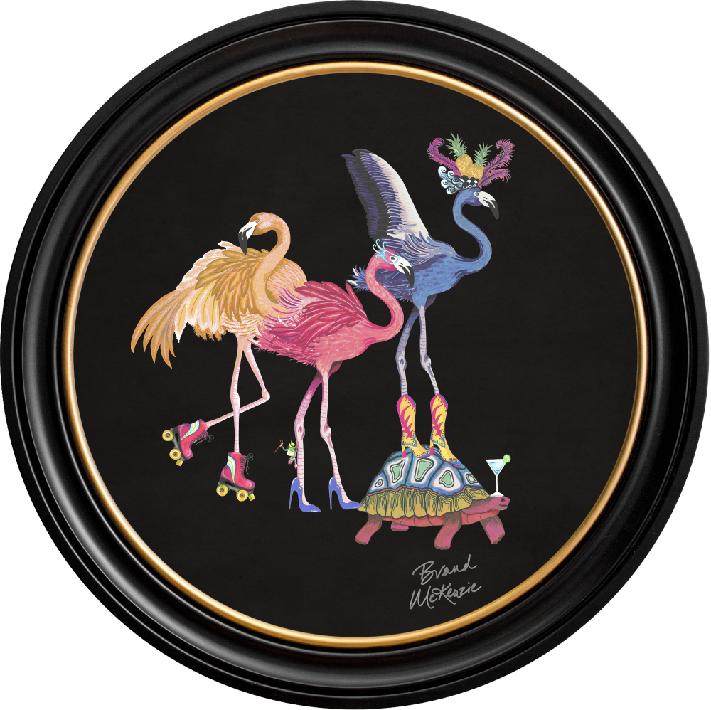 Brand McKenzie Balancing Act Flamboyance Framed Round Art Print with Charcoal Black Background