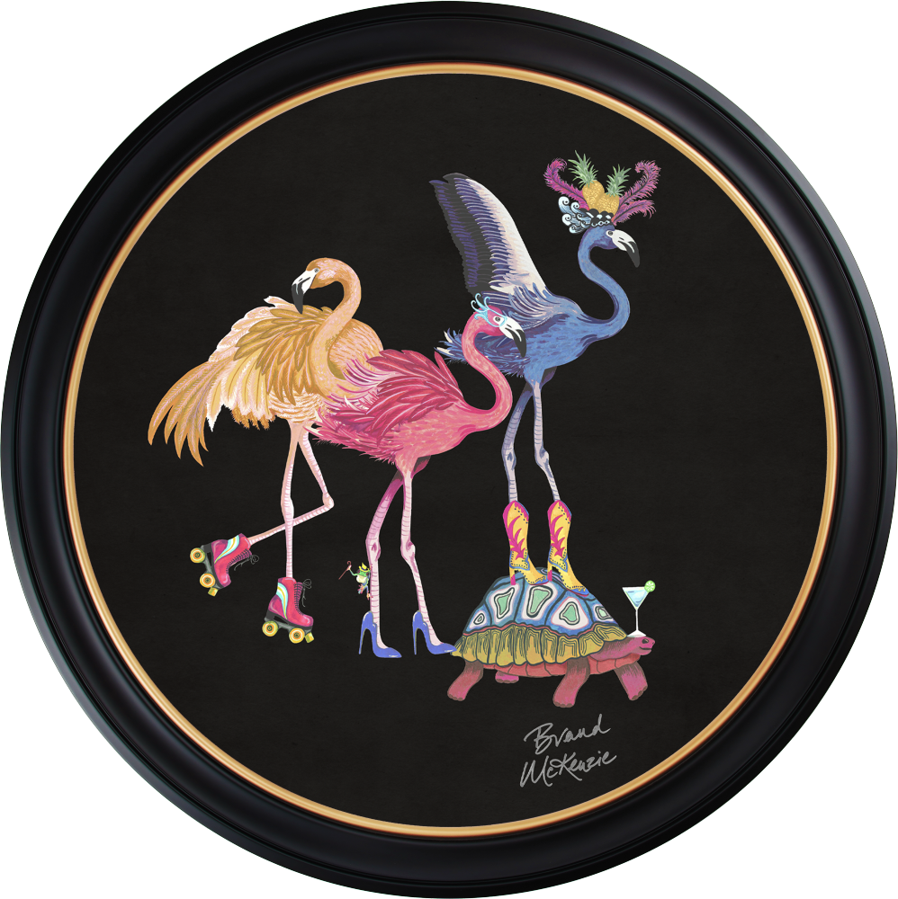 Brand McKenzie Balancing Act Flamboyance Framed Round Art Print with Charcoal Black Background