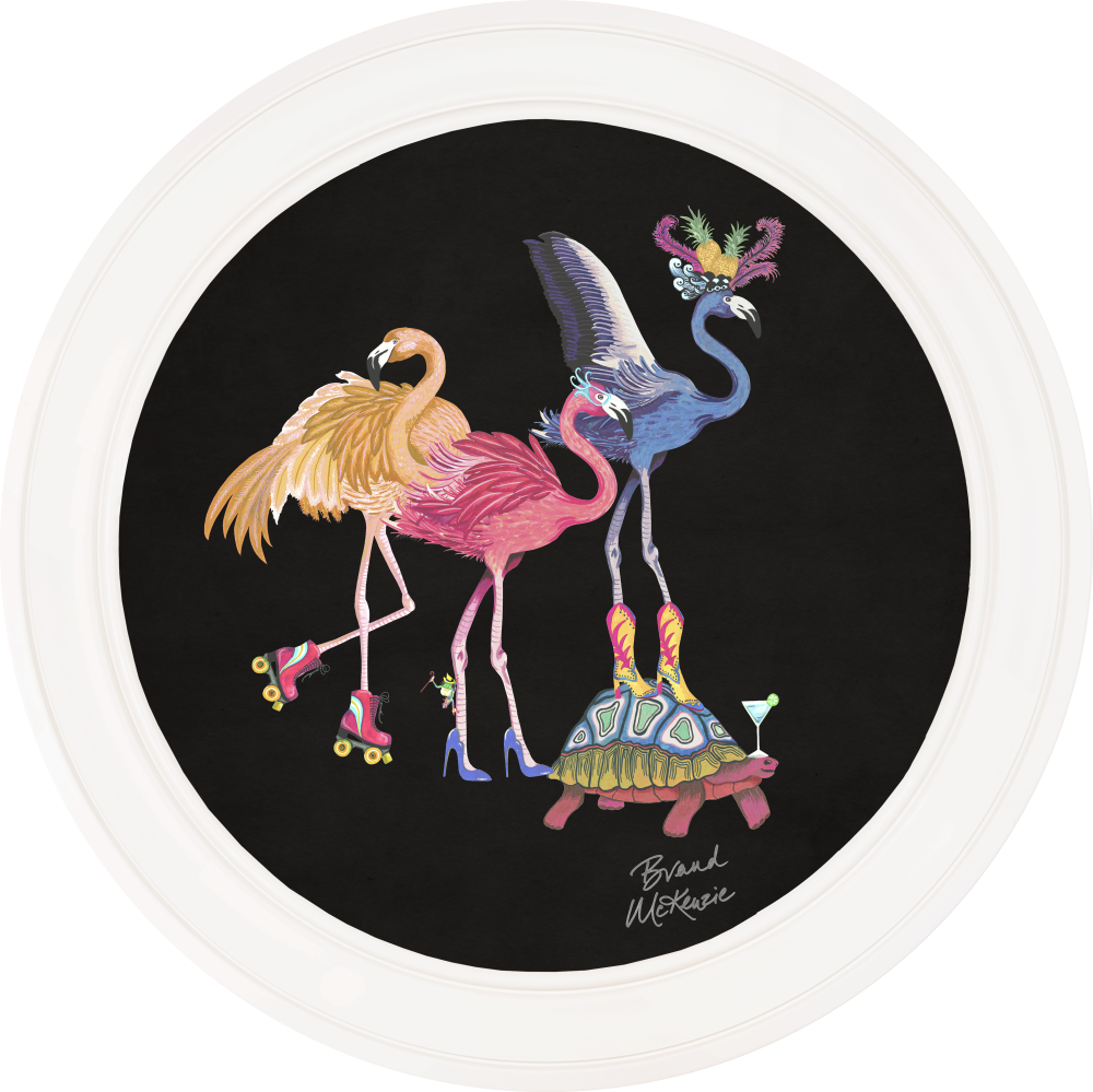 Brand McKenzie Balancing Act Flamboyance Framed Round Art Print with Charcoal Black Background