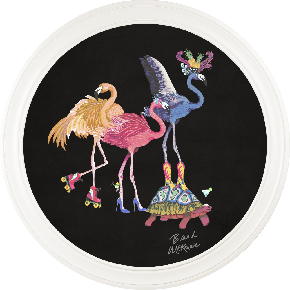 Brand McKenzie Balancing Act Flamboyance Framed Round Art Print with Charcoal Black Background