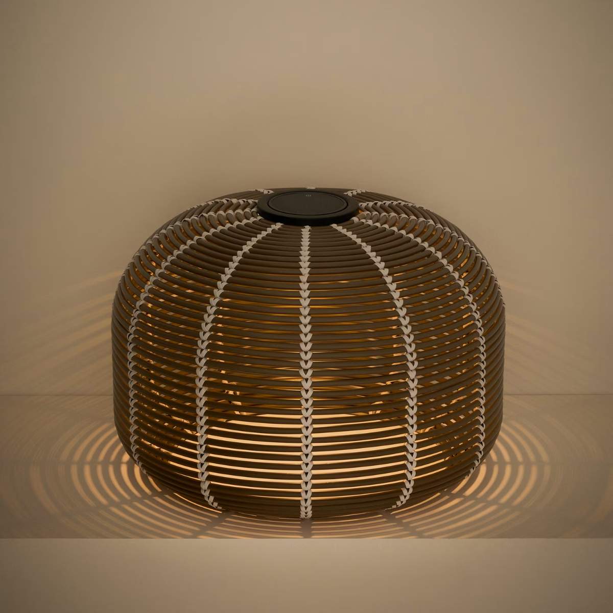 Kave Home Garoina outdoor solar LED table lamp in taupe synthetic rattan Ø50cm