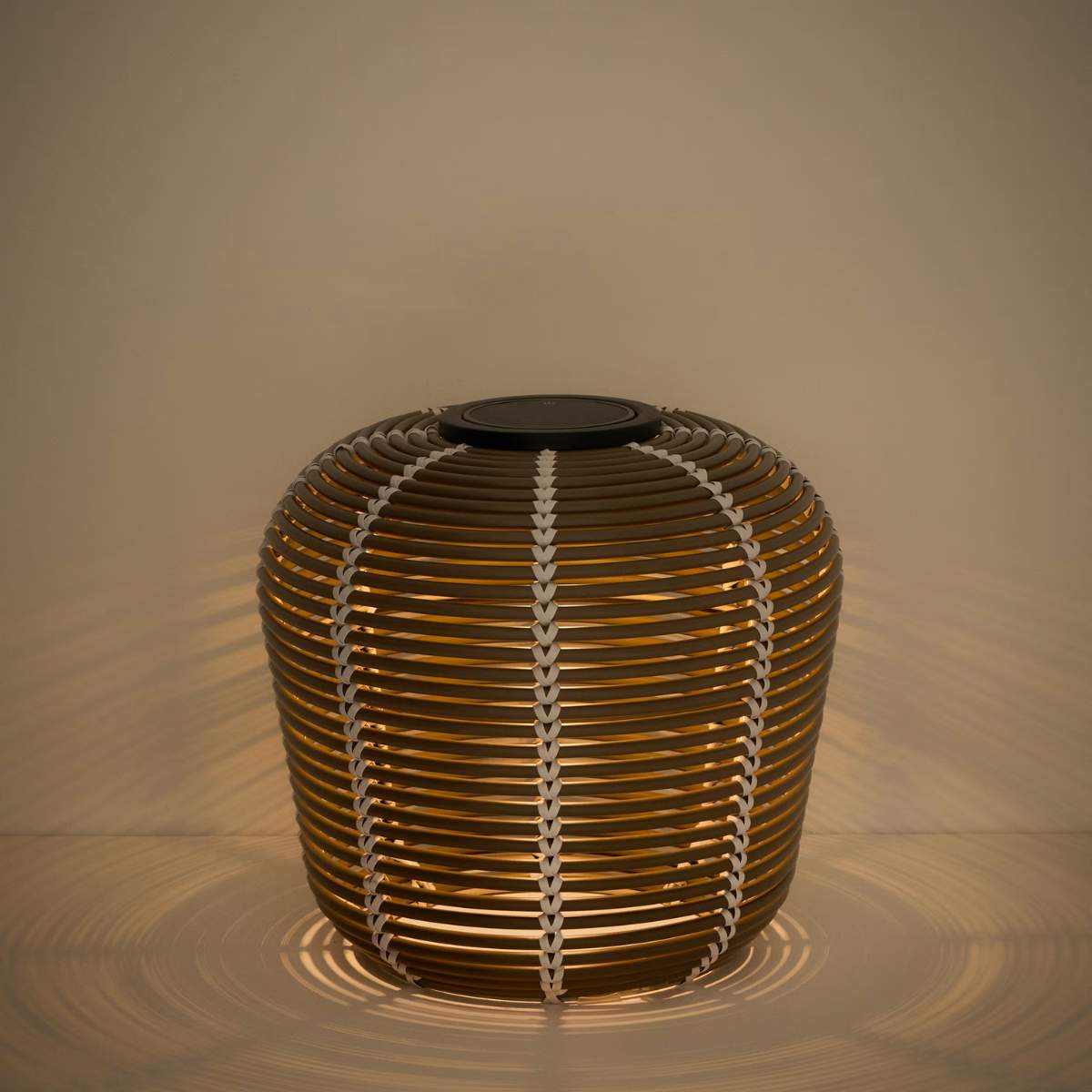 Kave Home Garoina outdoor solar LED table lamp in taupe synthetic rattan Ø35cm