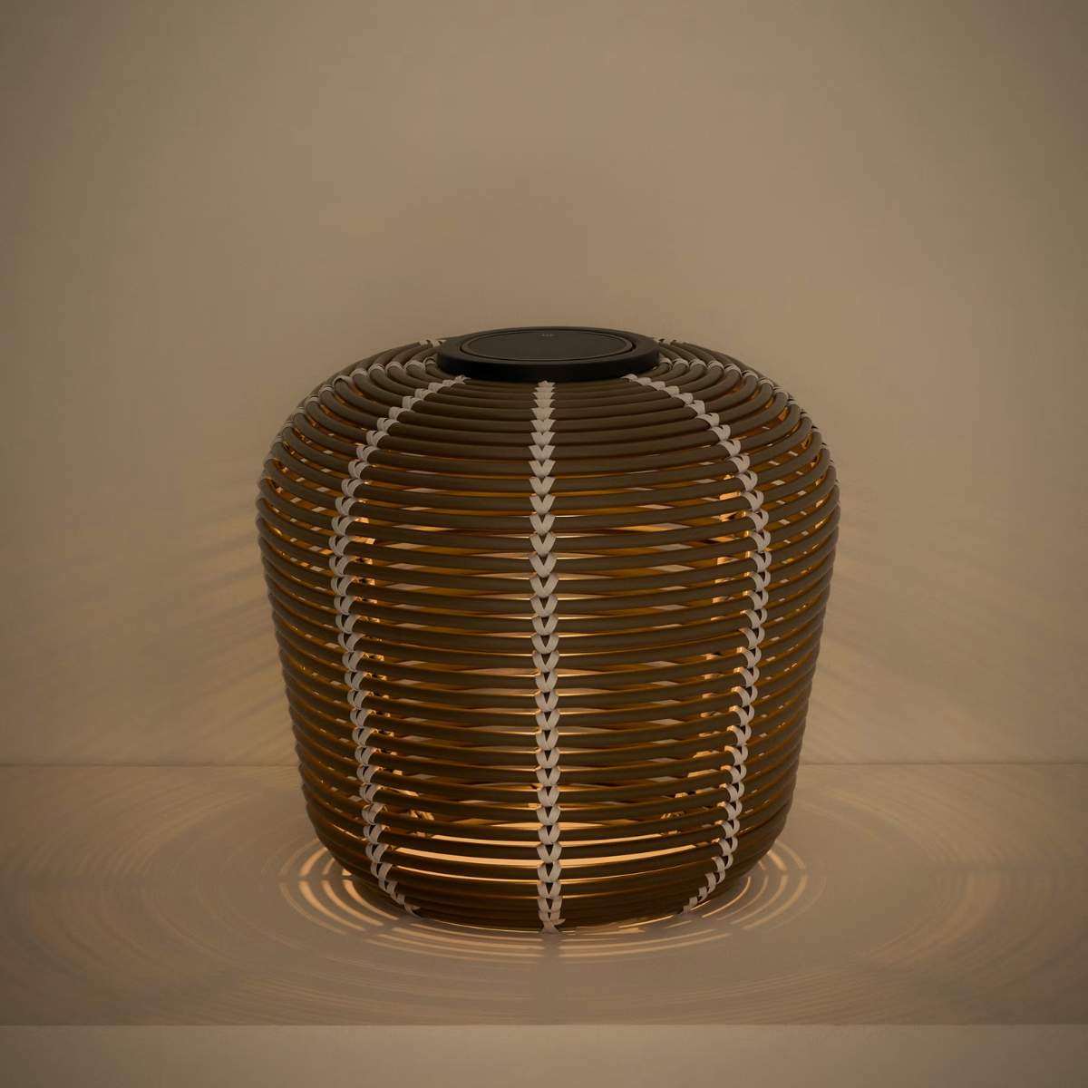 Kave Home Garoina outdoor solar LED table lamp in taupe synthetic rattan Ø35cm