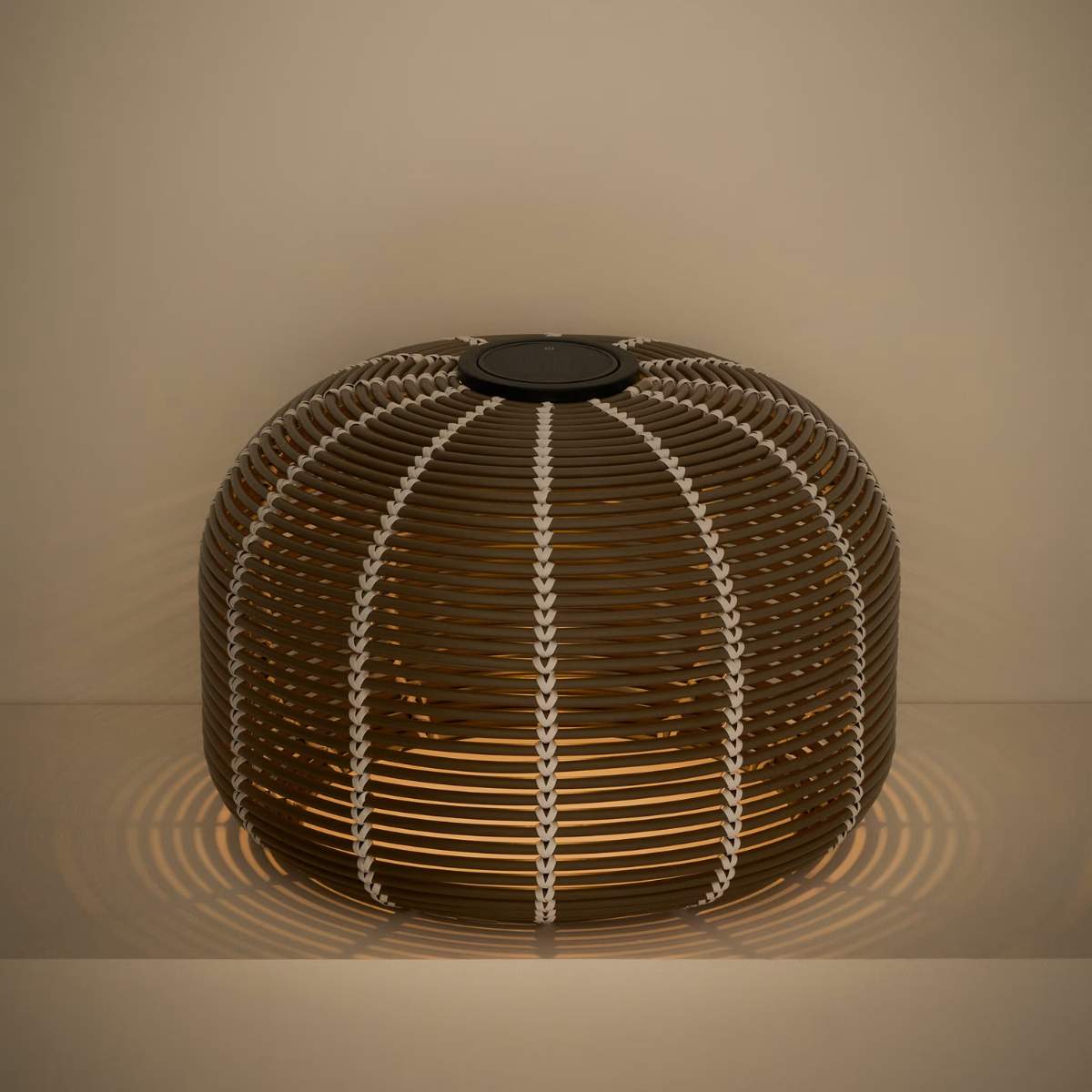 Kave Home Garoina outdoor solar LED table lamp in taupe synthetic rattan Ø50cm