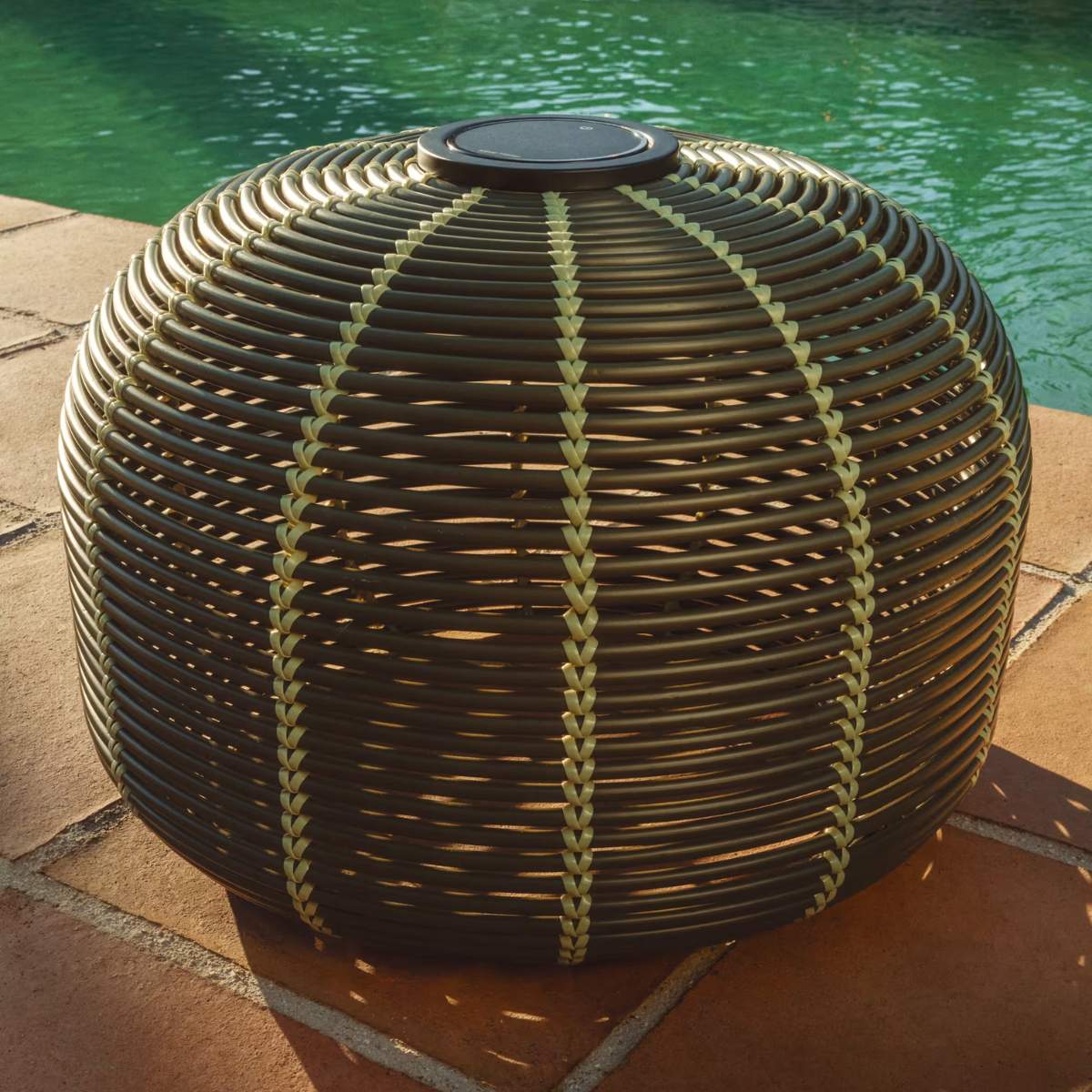 Kave Home Garoina outdoor solar LED table lamp in taupe synthetic rattan Ø50cm