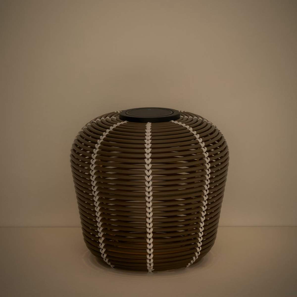 Kave Home Garoina outdoor solar LED table lamp in taupe synthetic rattan Ø35cm