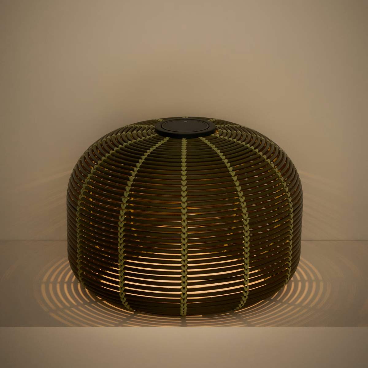 Kave Home Garoina outdoor solar LED table lamp in taupe synthetic rattan Ø50cm