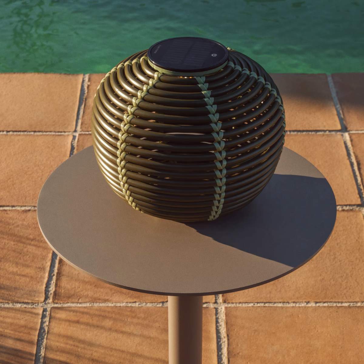 Kave Home Garoina outdoor solar LED table lamp in taupe synthetic rattan Ø25cm