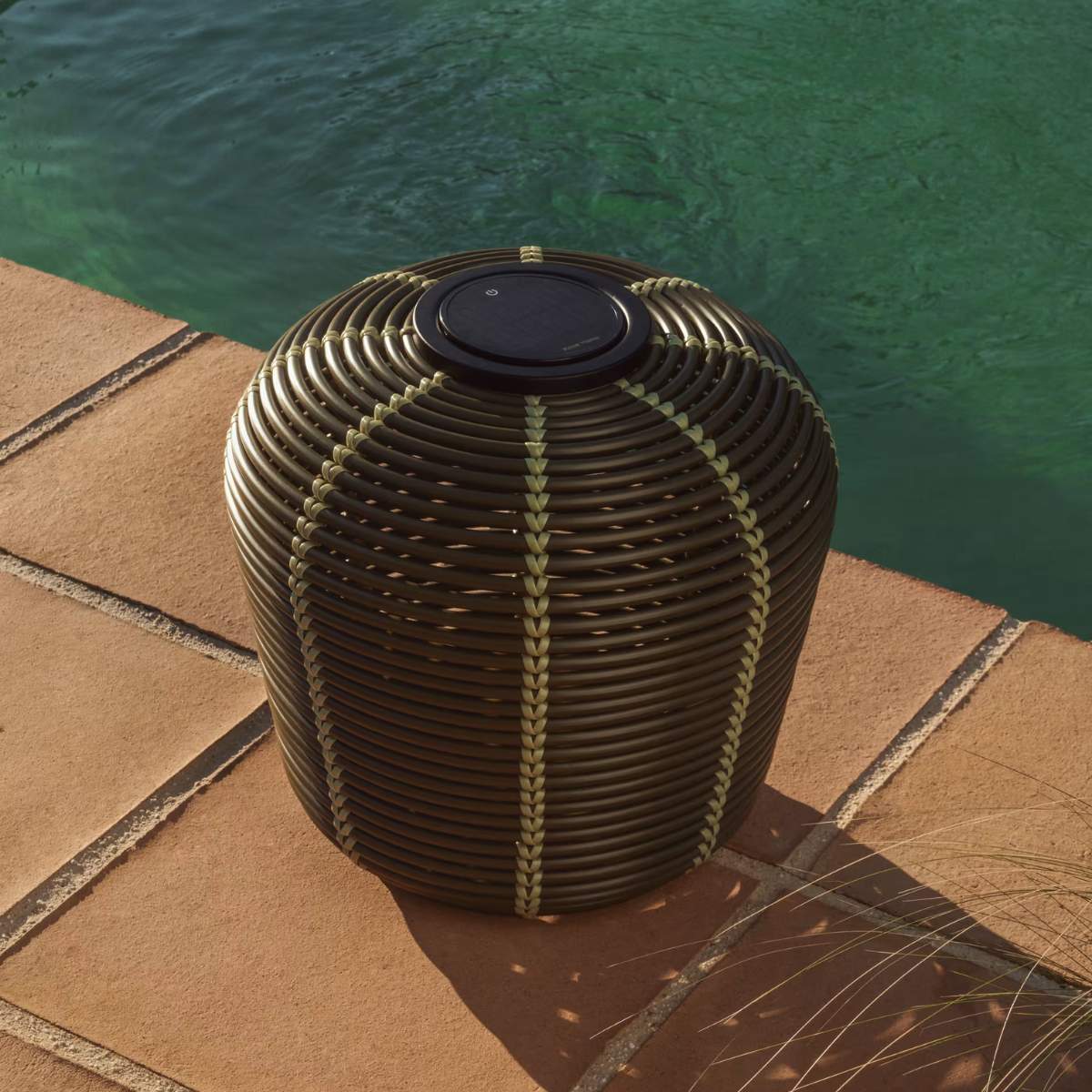 Kave Home Garoina outdoor solar LED table lamp in taupe synthetic rattan Ø35cm