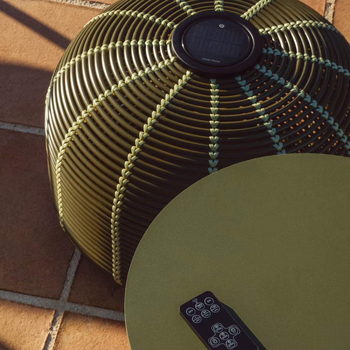 Kave Home Garoina outdoor solar LED table lamp in taupe synthetic rattan Ø50cm