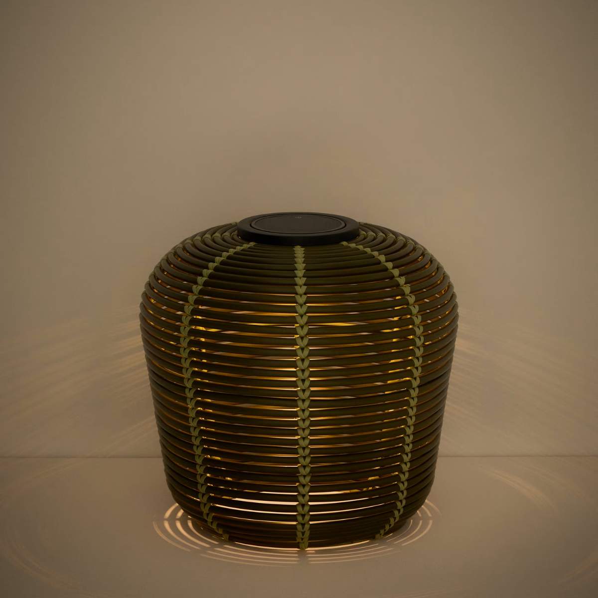 Kave Home Garoina outdoor solar LED table lamp in taupe synthetic rattan Ø35cm