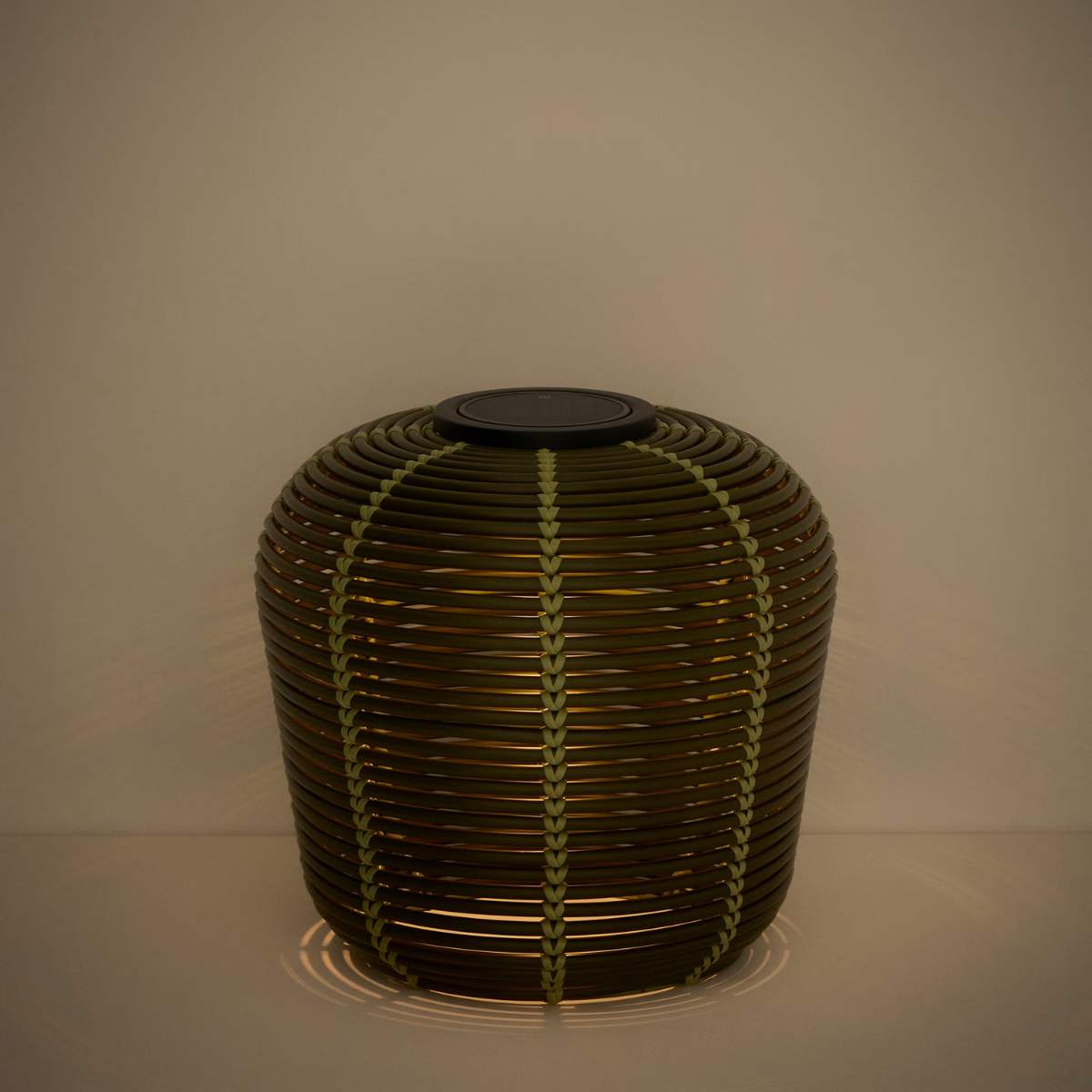 Kave Home Garoina outdoor solar LED table lamp in taupe synthetic rattan Ø35cm