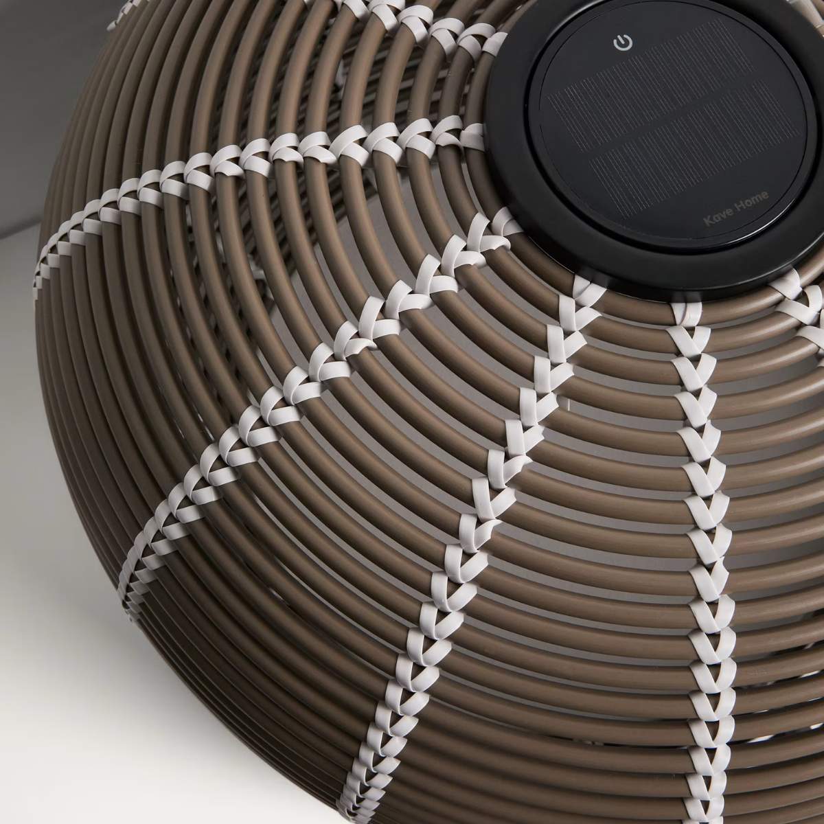 Kave Home Garoina outdoor solar LED table lamp in taupe synthetic rattan Ø50cm