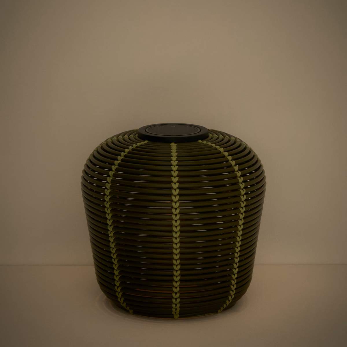 Kave Home Garoina outdoor solar LED table lamp in taupe synthetic rattan Ø35cm