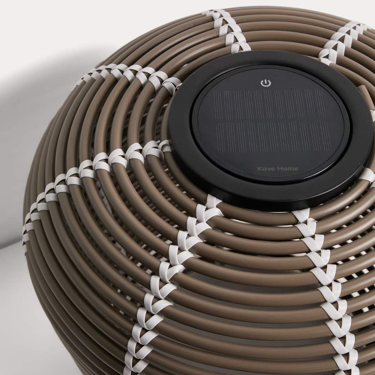 Kave Home Garoina outdoor solar LED table lamp in taupe synthetic rattan Ø35cm