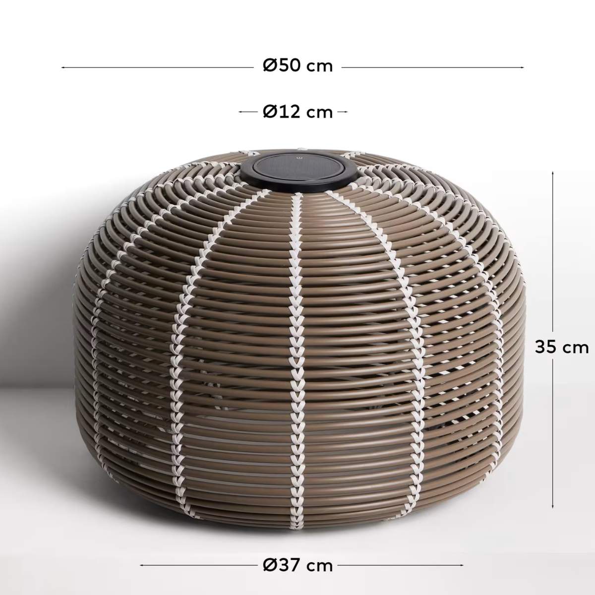 Kave Home Garoina outdoor solar LED table lamp in taupe synthetic rattan Ø50cm