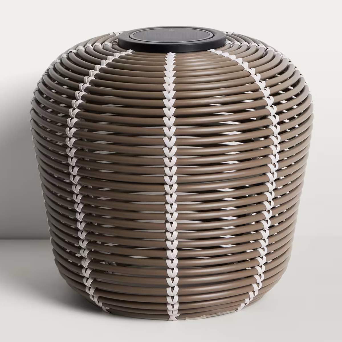 Kave Home Garoina outdoor solar LED table lamp in taupe synthetic rattan Ø35cm