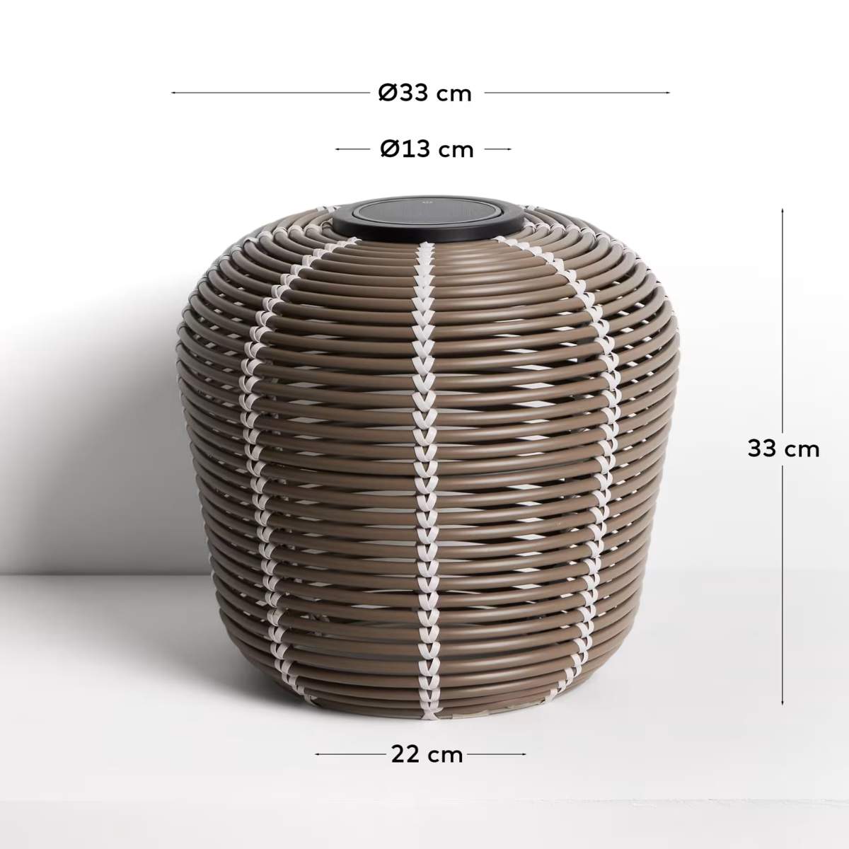 Kave Home Garoina outdoor solar LED table lamp in taupe synthetic rattan Ø35cm