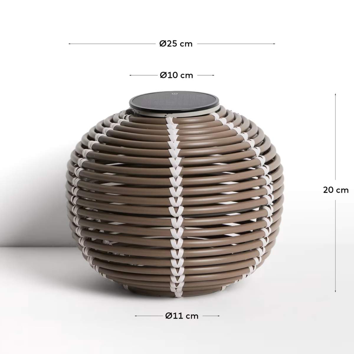 Kave Home Garoina outdoor solar LED table lamp in taupe synthetic rattan Ø25cm