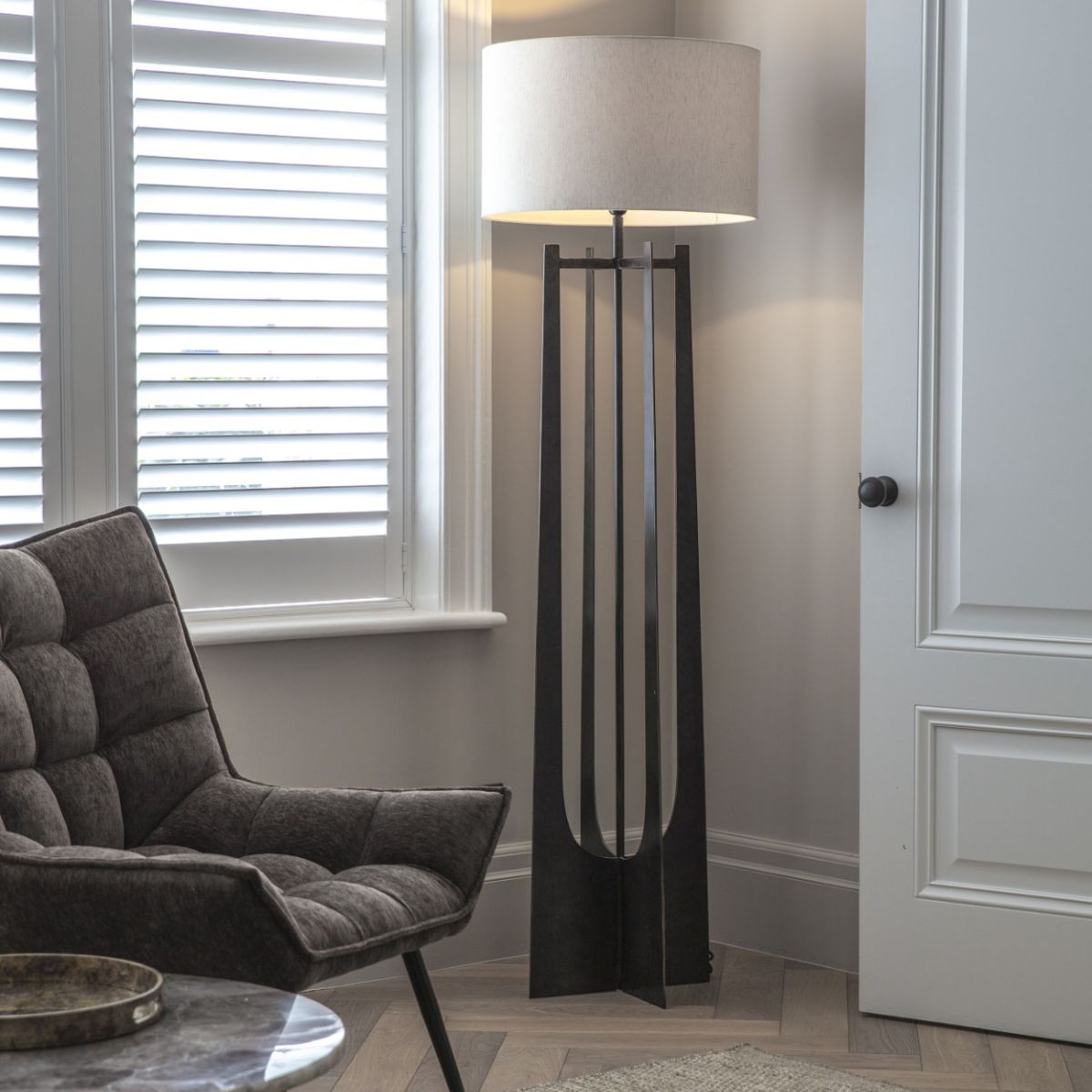 Libra Interiors Glenthorpe Hammered Iron Floor Lamp Gilded Oak Finish with Irish Linen Shade