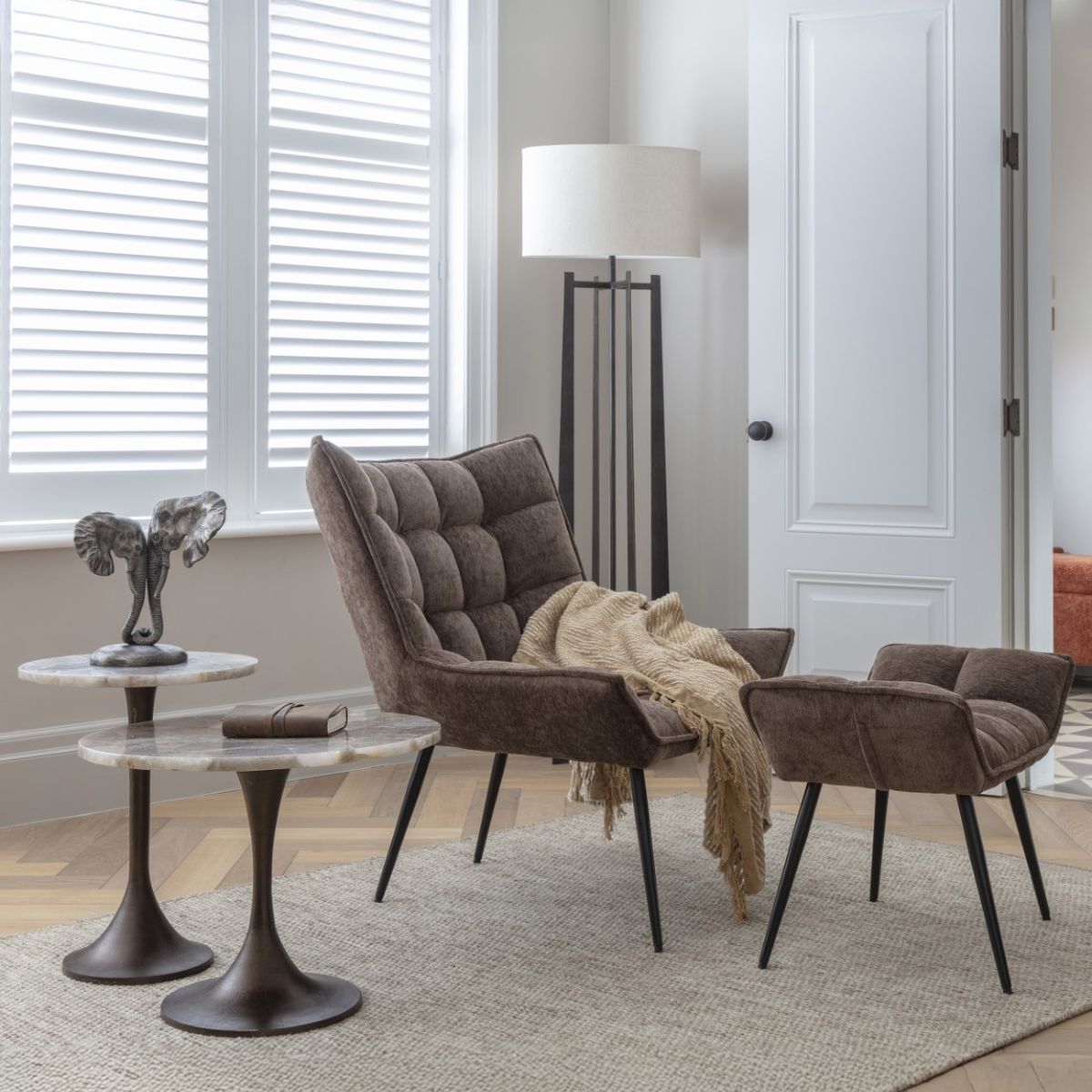 Libra Interiors Glenthorpe Hammered Iron Floor Lamp Gilded Oak Finish with Irish Linen Shade