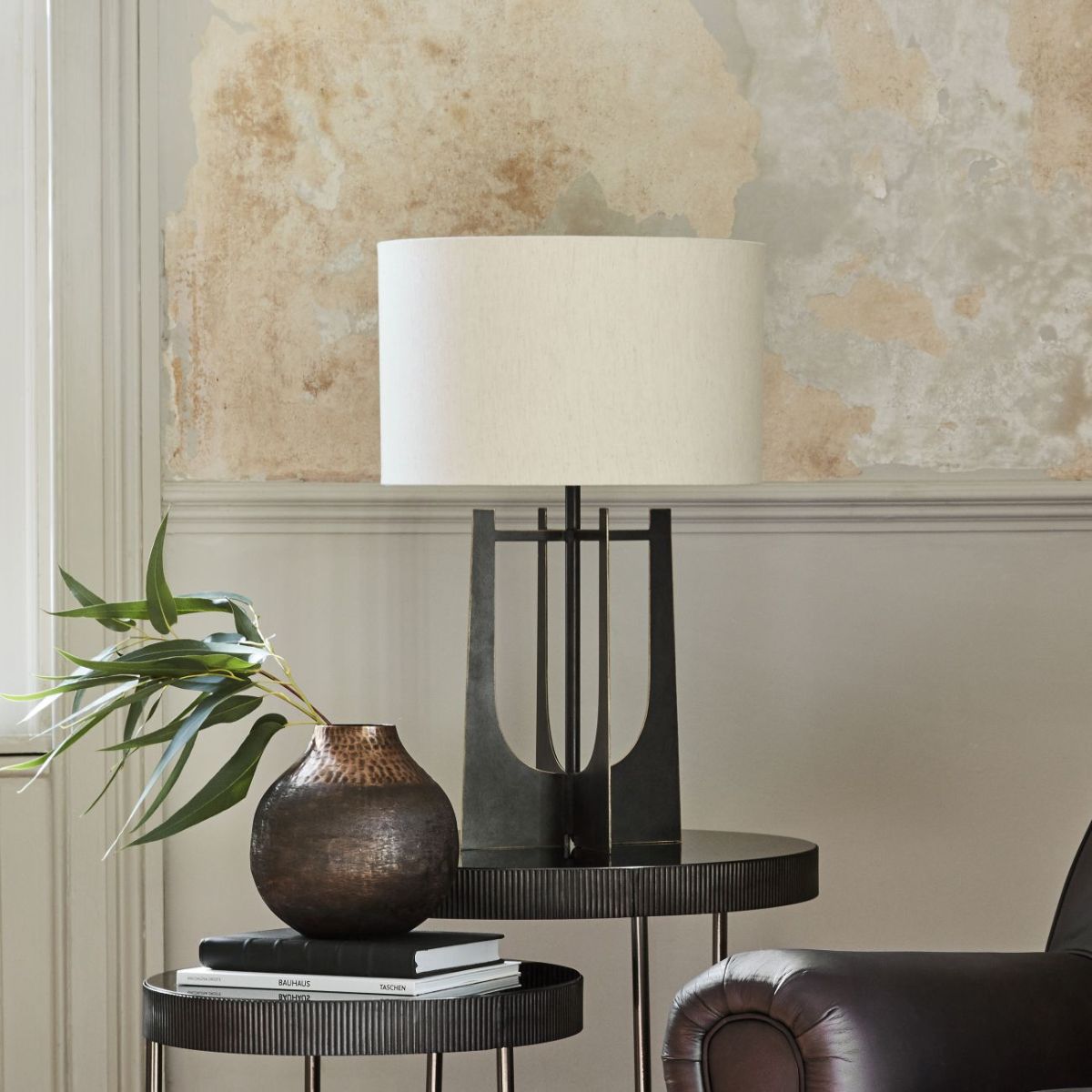 Libra Interiors Glenthorpe Hammered Iron Table Lamp Gilded Oak with Irish Linen Shade