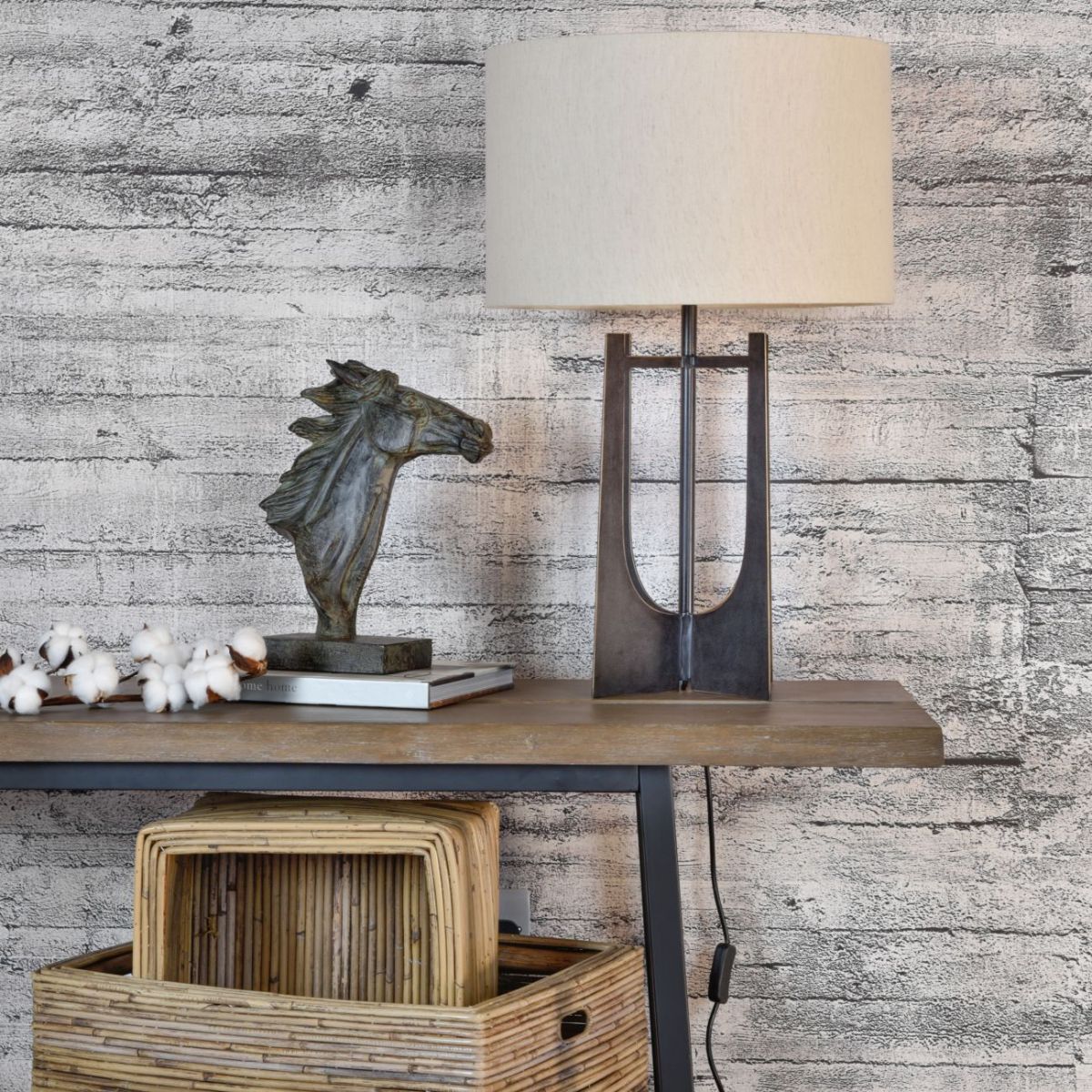 Libra Interiors Glenthorpe Hammered Iron Table Lamp Gilded Oak with Irish Linen Shade