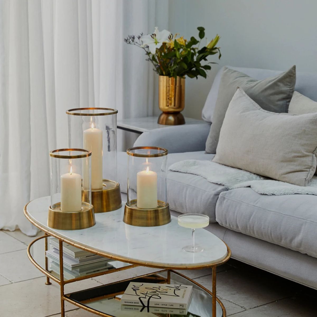 Ivyline Hampton Hurricane Lantern in Antique Brass H40cm W24cm