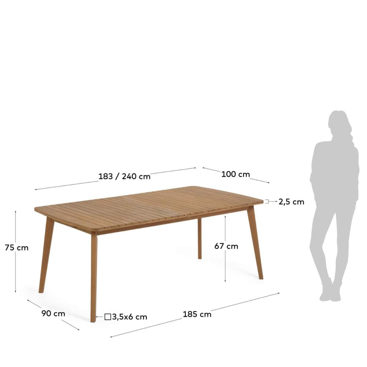 Kave Home Hanzel extendable garden table in solid eucalyptus, 183 (240) x 100 cm FSC 100%