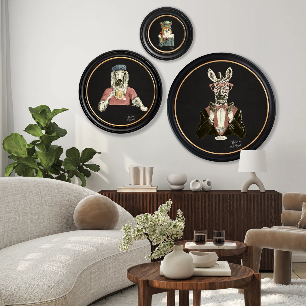 Brand McKenzie Happy Hour Bruce Framed Round Art Print with Charcoal Black Background